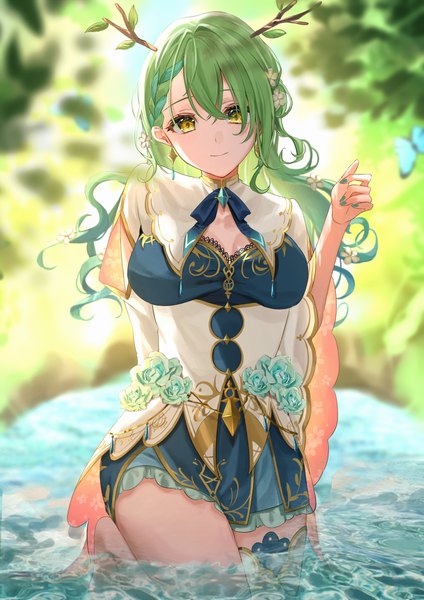 Anime picture 2894x4093 with virtual youtuber hololive hololive english ceres fauna ceres fauna (1st costume) amyu (amm asl pa) single long hair tall image looking at viewer fringe highres breasts smile hair between eyes large breasts yellow eyes outdoors braid (braids) nail polish
