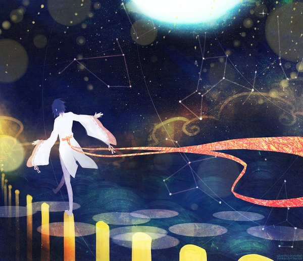 Anime picture 1280x1105 with shin sekai yori a-1 pictures aonuma shun shinkami single long hair short hair blue hair long sleeves from behind night night sky back light spread arms constellation boy ribbon (ribbons) belt star (stars)