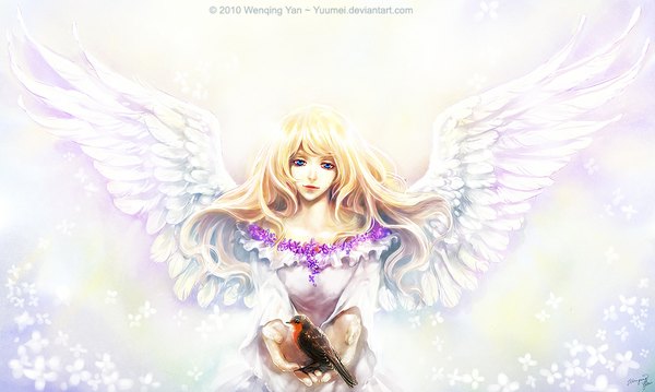Anime picture 1024x614 with original yuumei single long hair blue eyes blonde hair smile wide image bare shoulders signed angel wings girl dress animal wings white dress bird (birds)