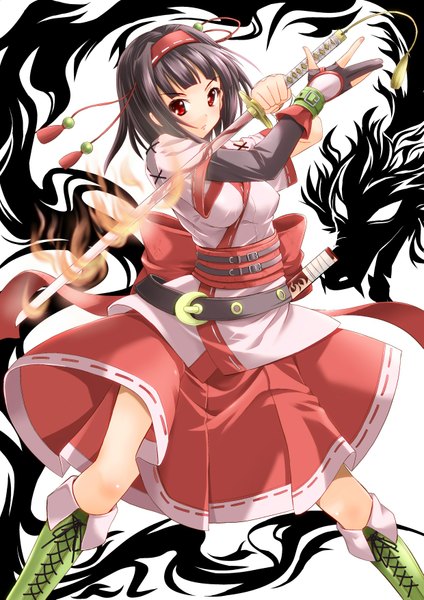 Anime picture 1239x1755 with original sinnosuke single tall image looking at viewer short hair black hair red eyes traditional clothes girl weapon sword boots belt hairband katana dragon
