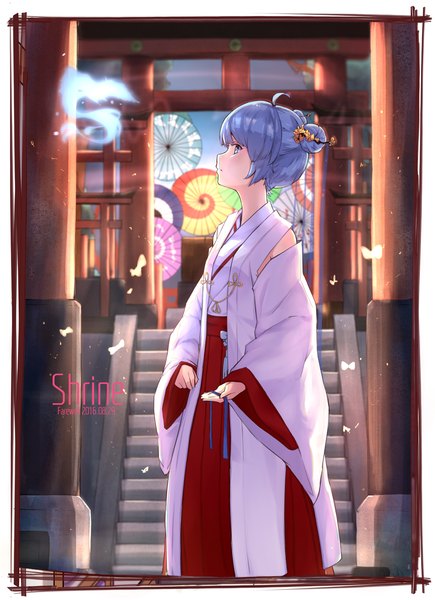 Anime picture 1240x1712 with vocaloid hatsune miku zhayin-san single tall image short hair blue eyes blue hair ahoge outdoors long sleeves traditional clothes japanese clothes profile hair flower blurry wide sleeves hair bun (hair buns) depth of field text