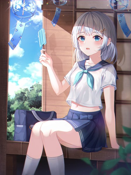 Anime picture 3305x4430 with original yulha 06 single tall image looking at viewer blush fringe highres short hair open mouth blue eyes sitting holding absurdres sky silver hair cloud (clouds) ahoge outdoors arm support
