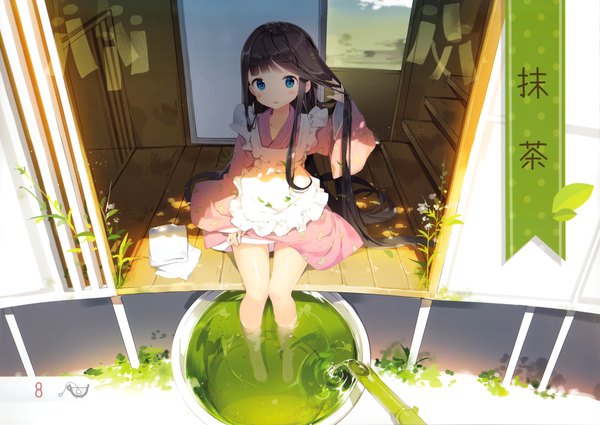 Anime picture 3490x2474 with original anmi single long hair looking at viewer blush highres blue eyes black hair absurdres scan legs girl dress water