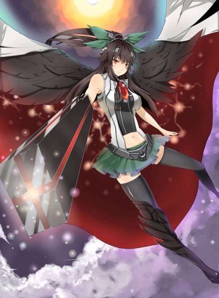 Anime picture 1024x1391 with touhou reiuji utsuho omega (endsunrise) long hair tall image black hair red eyes arm cannon girl thighhighs bow weapon black thighhighs hair bow wings cloak