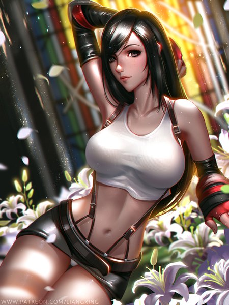 Anime picture 750x1000 with final fantasy final fantasy vii square enix tifa lockhart liang xing single long hair tall image looking at viewer fringe breasts light erotic black hair large breasts sitting bare shoulders signed arm up lips sunlight