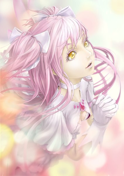 Anime picture 1000x1415 with mahou shoujo madoka magica shaft (studio) kaname madoka goddess madoka pi (pppppchang) single long hair tall image fringe open mouth yellow eyes pink hair cleavage from above lips looking up girl dress gloves hair ornament