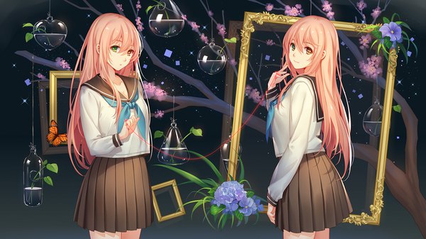 Anime picture 1500x843 with original niya tidsean long hair looking at viewer fringe smile hair between eyes wide image standing multiple girls green eyes yellow eyes pink hair long sleeves pleated skirt heterochromia cherry blossoms dual persona empty picture frame