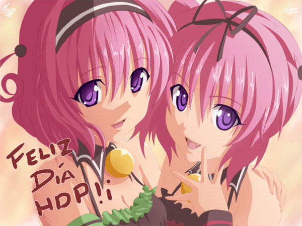 Anime picture 1200x900 with toloveru toloveru darkness xebec momo velia deviluke nana asta deviluke marxedp kayodedhoko short hair open mouth smile purple eyes multiple girls pink hair inscription coloring close-up girl dress ribbon (ribbons) 2 girls