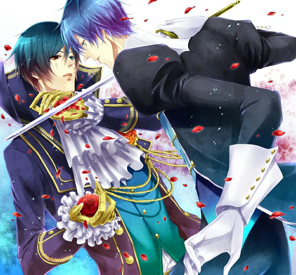 Anime picture 1000x929 with project diva f vocaloid kaito (vocaloid) kurumi kako short hair blue eyes red eyes blue hair multiple boys tears heterochromia face to face boy gloves flower (flowers) weapon petals sword 2 boys suit
