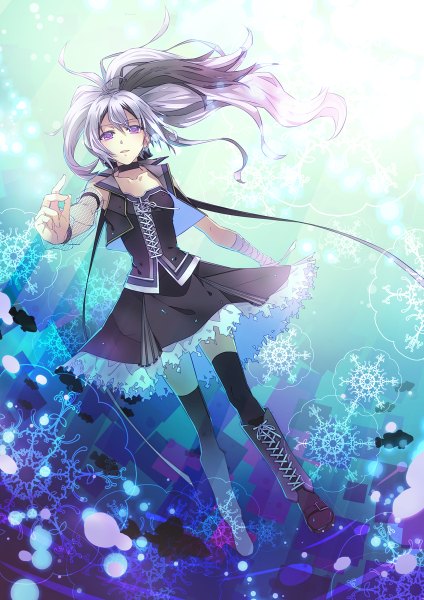Anime picture 848x1200 with vocaloid flower (vocaloid) logi (logica+physica) single long hair tall image looking at viewer purple eyes purple hair ponytail multicolored hair wind outstretched arm falling girl thighhighs skirt black thighhighs knee boots skirt set