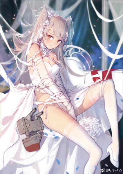 Anime picture 2048x2897 with kantai collection amatsukaze destroyer rensouhou-kun swd3e2 single long hair tall image looking at viewer blush fringe highres light erotic brown eyes cleavage bent knee (knees) grey hair two side up embarrassed leg lift (legs lift) between legs