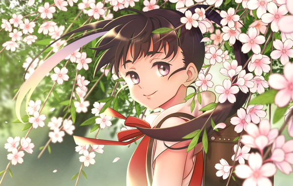 Anime picture 4552x2894 with original sibato5 single long hair looking at viewer highres smile brown hair purple eyes twintails absurdres upper body wind cherry blossoms spring girl flower (flowers) backpack