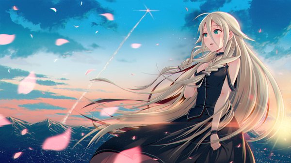 Anime picture 1778x1000 with vocaloid ia (vocaloid) 40hara single blush highres open mouth blue eyes wide image looking away sky cloud (clouds) white hair braid (braids) very long hair wind mountain girl dress petals