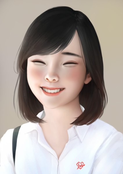Anime picture 1920x2716 with real life ditta amelia saraswati jubi (regiana) single tall image highres short hair black hair simple background smile signed eyes closed parted lips teeth lipstick no glasses girl shirt white shirt
