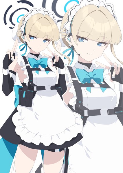 Anime picture 2006x2833 with blue archive toki (blue archive) kaerunrun single tall image fringe highres short hair blue eyes blonde hair smile standing blunt bangs maid hair bun (hair buns) victory expressionless zoom layer girl gloves