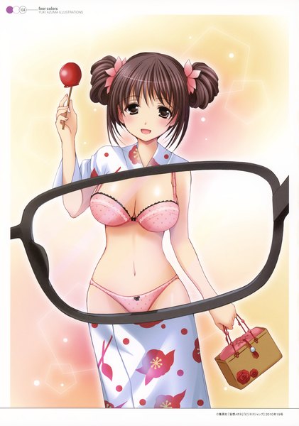 Anime picture 2866x4081 with original azuma yuki single long hair tall image blush highres breasts open mouth light erotic simple background smile brown hair brown eyes absurdres cleavage :d japanese clothes scan girl