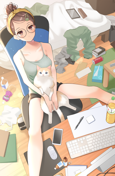 Anime picture 1653x2525 with original ochadzuke single tall image looking at viewer blush short hair brown hair sitting bare shoulders brown eyes indoors parted lips from above bare legs hair bun (hair buns) spread legs lens flare clothes on floor messy room