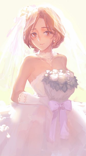 Anime picture 460x825 with idolmaster idolmaster cinderella girls kawashima mizuki ekao single tall image looking at viewer short hair blonde hair smile bare shoulders holding orange eyes light girl dress gloves flower (flowers) choker white gloves