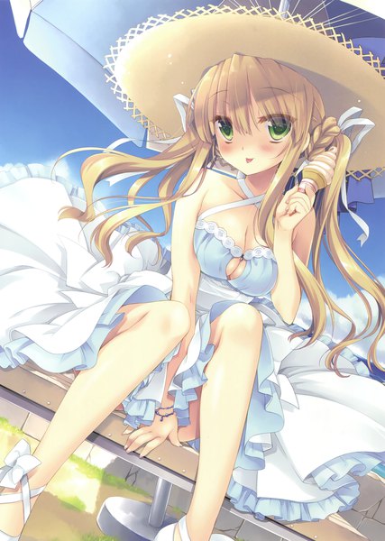 Anime-Bild 2494x3500 mit original miyasu risa single long hair tall image looking at viewer blush highres breasts light erotic blonde hair sitting twintails green eyes sky cleavage cloud (clouds) head tilt wind scan