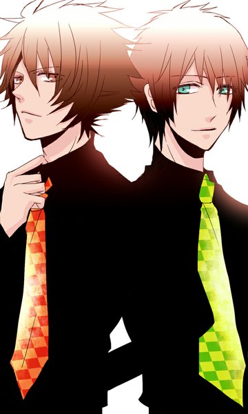 Anime picture 600x1000 with uta no prince-sama a-1 pictures aijima cecil saotome mitsuo soul brother (artist) tall image short hair simple background brown hair white background brown eyes aqua eyes multiple boys boy shirt necktie 2 boys black shirt