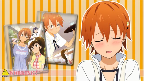 Anime picture 1920x1080 with working!! a-1 pictures yamada aoi taneshima popura inami mahiru single highres short hair wide image eyes closed orange hair girl photo (object)
