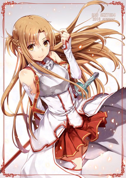 Anime picture 637x900 with sword art online a-1 pictures yuuki asuna gabiran single long hair tall image looking at viewer smile brown hair bare shoulders brown eyes braid (braids) pleated skirt copyright name floating hair adjusting hair side braid framed arm behind back