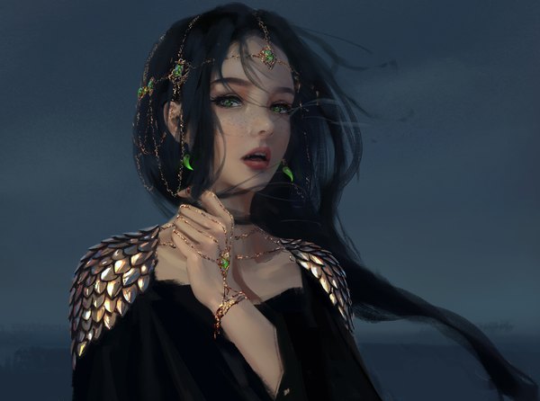 Anime picture 4735x3520 with ghost blade aeolian wlop single long hair looking at viewer highres open mouth black hair green eyes absurdres sky upper body outdoors wind lips freckles girl earrings bracelet