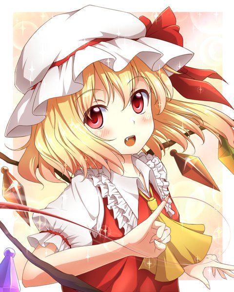 Anime picture 800x1000 with touhou flandre scarlet mount whip single tall image blush fringe short hair open mouth blonde hair hair between eyes red eyes upper body sparkle fang (fangs) puffy sleeves lens flare pinky out girl hat
