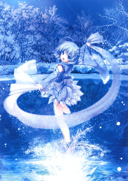 Anime picture 3253x4600 with original eshi 100-nin ten yakuri single tall image blush highres short hair open mouth blue eyes blue hair absurdres night girl dress bow plant (plants) detached sleeves tree (trees) water