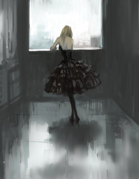 Anime picture 896x1152 with original tsubu mikan single long hair tall image blonde hair standing bare shoulders from behind sleeveless girl dress window black dress