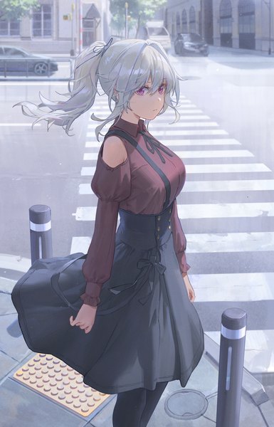 Anime picture 2548x3971 with original free style (yohan1754) single long hair tall image looking at viewer fringe highres breasts hair between eyes large breasts standing purple eyes bare shoulders payot silver hair outdoors ponytail long sleeves wind
