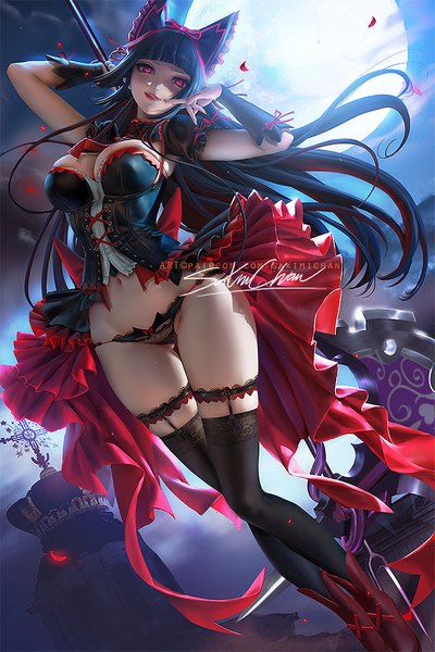 Anime picture 667x1000 with gate - jieitai ka no chi nite kaku tatakaeri a-1 pictures rory mercury sakimichan single long hair tall image looking at viewer blush fringe breasts light erotic black hair smile large breasts standing holding signed payot cleavage