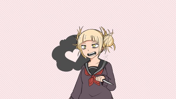 Anime picture 1920x1080 with boku no hero academia studio bones toga himiko pocket penny single fringe highres short hair open mouth blonde hair simple background wide image holding signed yellow eyes payot upper body blunt bangs long sleeves hair bun (hair buns)