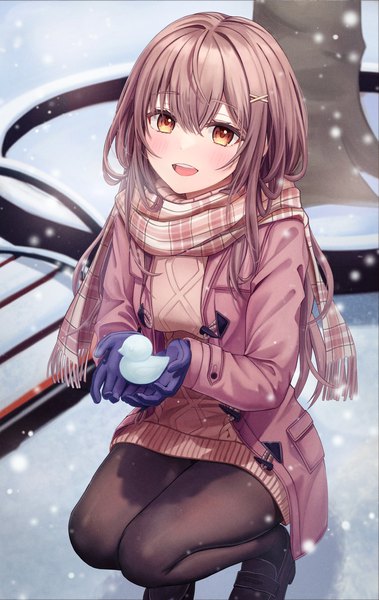 Anime picture 1136x1799 with original funii single long hair tall image looking at viewer blush fringe open mouth smile hair between eyes brown hair holding payot outdoors long sleeves :d open clothes orange eyes snowing