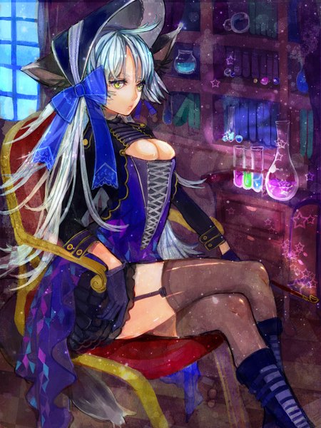 Anime picture 1200x1600 with original sono (pixiv) single long hair tall image breasts light erotic sitting yellow eyes cleavage silver hair crossed legs cleavage cutout girl thighhighs gloves bow hat boots window