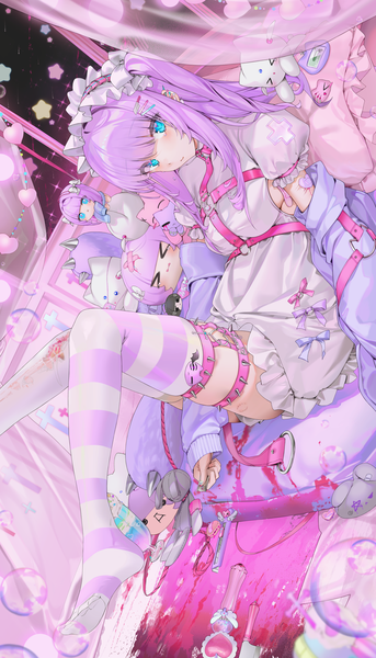 Anime picture 3143x5500 with original luna (unxi) unxi single long hair tall image looking at viewer blush fringe highres breasts blue eyes light erotic twintails payot absurdres purple hair bent knee (knees) indoors blunt bangs