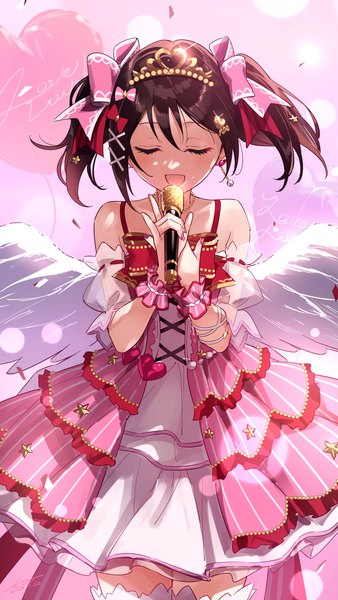 Anime picture 1516x2695 with love live! school idol project sunrise (studio) love live! yazawa nico wedo single tall image fringe short hair open mouth black hair hair between eyes standing twintails bare shoulders eyes closed nail polish short twintails white wings singing