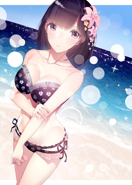 Anime picture 900x1260 with original atha (leejuiping) single tall image looking at viewer fringe short hair breasts light erotic black hair large breasts purple eyes bare shoulders cleavage outdoors blunt bangs parted lips hair flower bare legs bare belly
