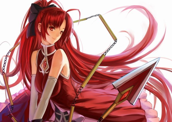 Anime picture 1500x1060 with mahou shoujo madoka magica shaft (studio) sakura kyouko ryuuzaki ichi single long hair simple background red eyes white background bare shoulders red hair floating hair girl bow weapon hair bow