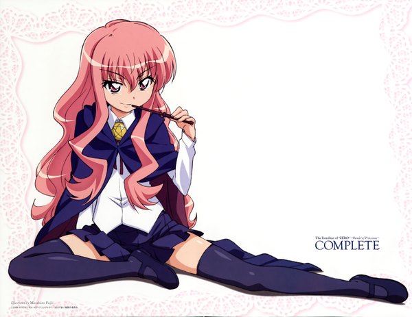 Anime picture 6066x4681 with zero no tsukaima j.c. staff louise francoise le blanc de la valliere fujii masahiro single long hair highres smile pink hair pink eyes loli zettai ryouiki girl thighhighs uniform black thighhighs school uniform wand