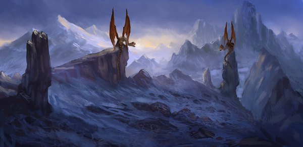 Anime picture 1850x900 with vennom07 highres wide image sky snow mountain no people landscape fantasy rock animal dragon