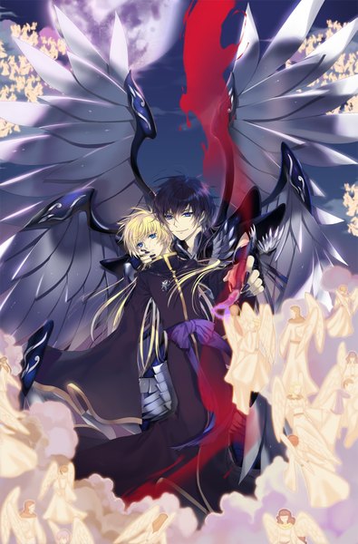 Anime picture 1316x2000 with saint seiya toei animation tagme (character) alone hades enk bluedust tall image short hair blue eyes blonde hair smile purple eyes cloud (clouds) nail polish angel boy bow wings moon paintbrush