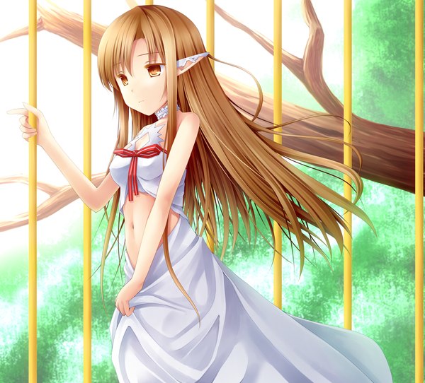 Anime picture 1105x1000 with sword art online a-1 pictures yuuki asuna titania (alo) misui single long hair brown hair brown eyes pointy ears elf girl dress navel plant (plants) tree (trees)
