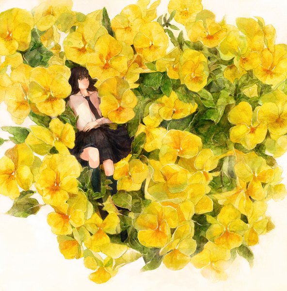 Аниме картинка 800x811 с оригинальное изображение 72 (nananatsu) один (одна) высокое изображение чёлка короткие волосы простой фон каштановые волосы белый фон карие глаза смотрит в сторону лёжа плиссированная юбка на спине расстёгнутый ворот девушка юбка цветок (цветы) мини-юбка рубашка
