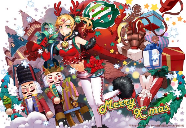 Anime picture 2362x1636 with original yuki usagi (mofurafu) long hair looking at viewer blush highres open mouth blonde hair green eyes horn (horns) midriff christmas snow merry christmas girl gloves navel flower (flowers) ribbon (ribbons) elbow gloves