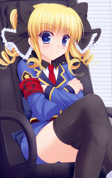 Anime picture 977x1546 with tantei opera milky holmes akechi kokoro shimotsuki keisuke single long hair tall image looking at viewer blush blue eyes blonde hair smile sitting crossed legs drill hair girl thighhighs bow black thighhighs hair bow