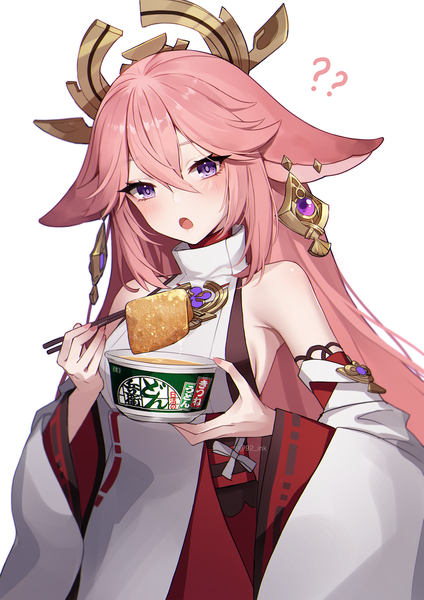 Anime picture 1500x2121 with genshin impact yae miko ango single long hair tall image fringe open mouth simple background hair between eyes white background purple eyes animal ears pink hair upper body traditional clothes japanese clothes :o fox ears fox girl