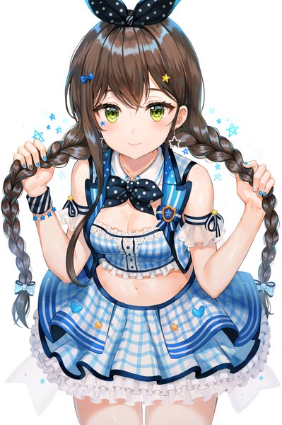 Anime picture 2828x4249 with bang dream! hanazono tae tokkyu single long hair tall image looking at viewer blush fringe highres breasts simple background hair between eyes brown hair standing white background bare shoulders green eyes cleavage braid (braids)