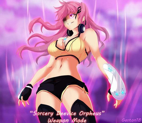 Anime picture 3333x2891 with re:birth - the lunatic taker (manga) ipod natsuhi hinode tongasart single long hair highres breasts light erotic smile pink hair absurdres pink eyes inscription from below midriff coloring girl ribbon (ribbons) hair ribbon