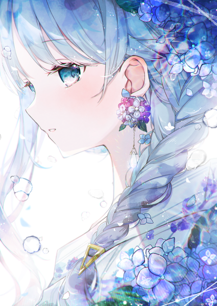 Anime picture 2900x4096 with original syana alice single long hair tall image looking at viewer highres blue eyes blue hair upper body braid (braids) profile single braid girl flower (flowers) earrings water drop hydrangea